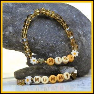 18k gold plated hearts/beads / square glass beaded elastic mommy / mini bracelet